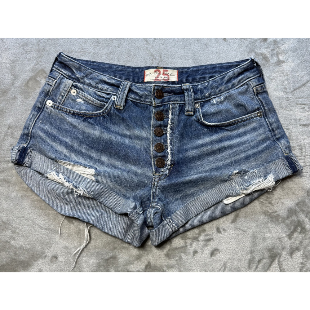 Distressed Button-Fly Denim Shorts - Blue